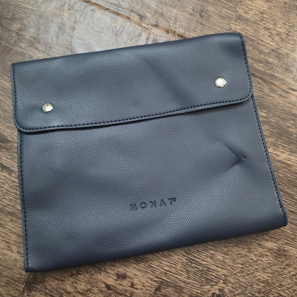 MONAT Travel Organizer Folio Women Black Pebbled Faux Leather Snap Pouch‎